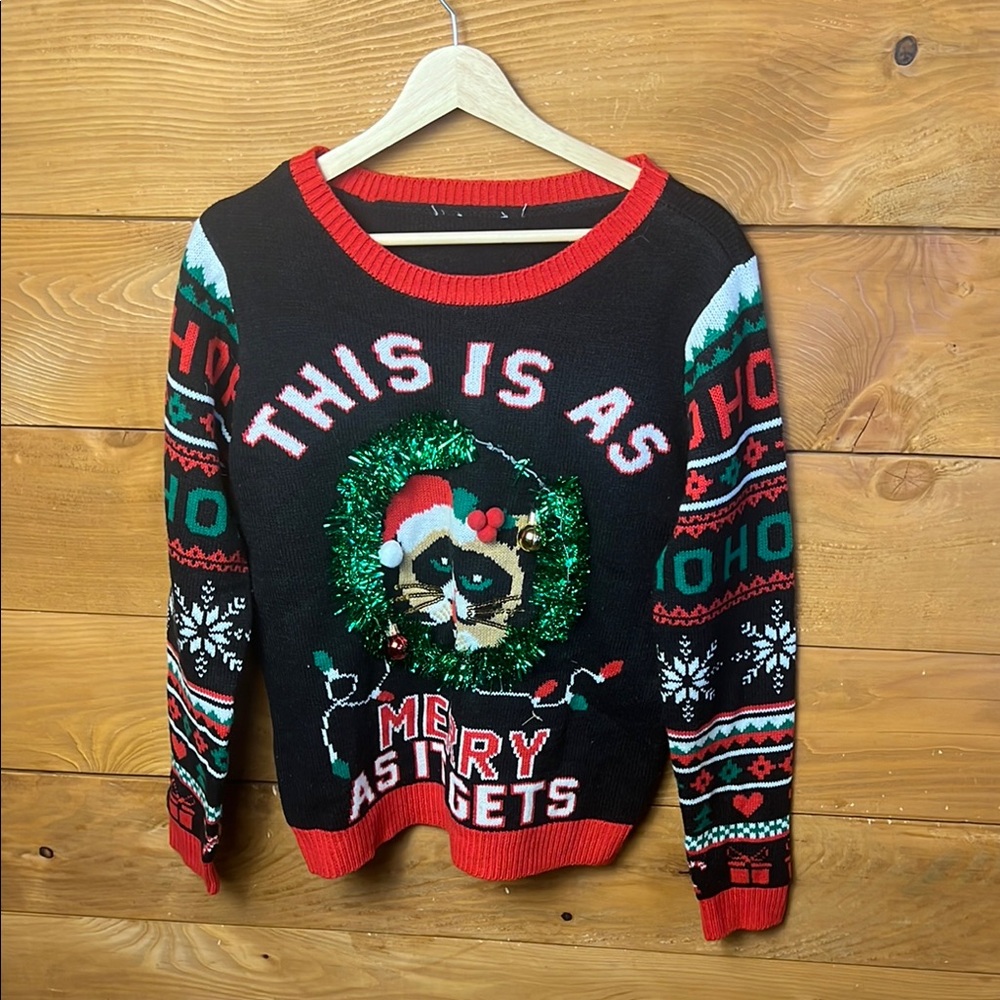 No Boundaries Womens Ugly Christmas Lg Sweater Grumpy Cat Ho ho ho Holidays Snow